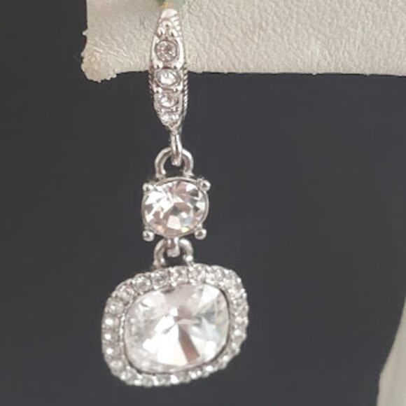 Givenchy Crystal Cushion Stone Drop Earrings Lever Back Silver Tone Halo - Picture 3 of 5
